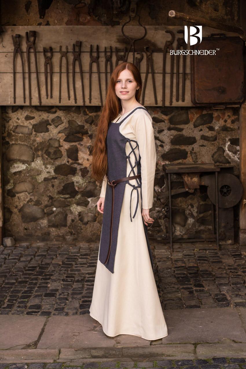 Viking Dress Gyda Grey featuring feminine shoulder straps and side lacing, made from coarse pure cotton, ideal for medieval reenactments.
