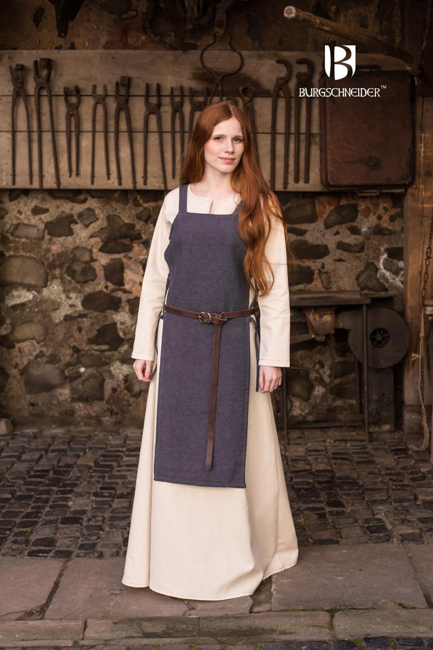 Viking Dress Gyda Grey featuring feminine shoulder straps and side lacing, made from coarse pure cotton, ideal for medieval reenactments.