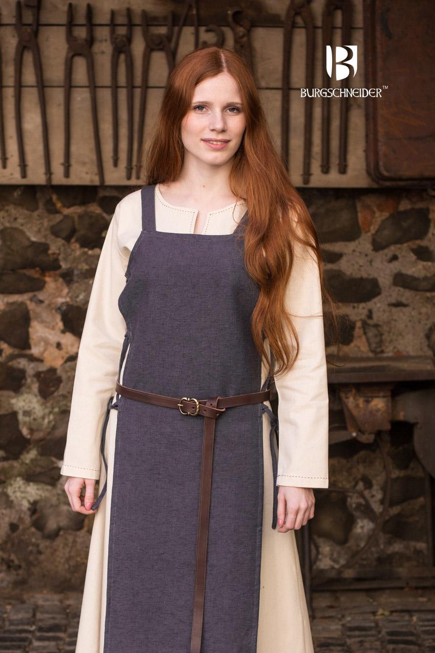 Viking Dress Gyda Grey featuring feminine shoulder straps and side lacing, made from coarse pure cotton, ideal for medieval reenactments.