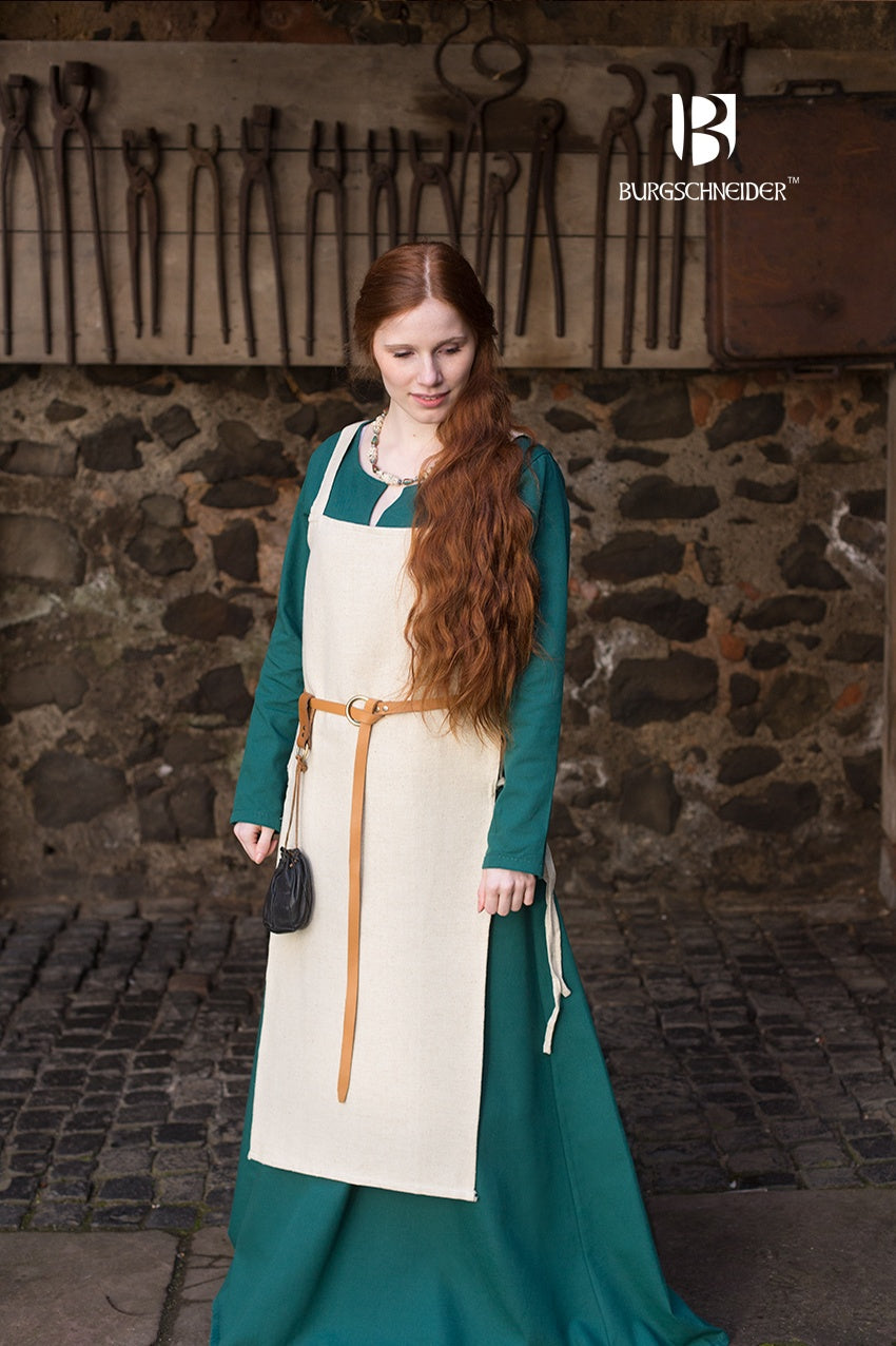 Viking Dress Gyda Hemp showcasing feminine shoulder straps and side lacing, made from coarse cotton fabric for an authentic medieval look.