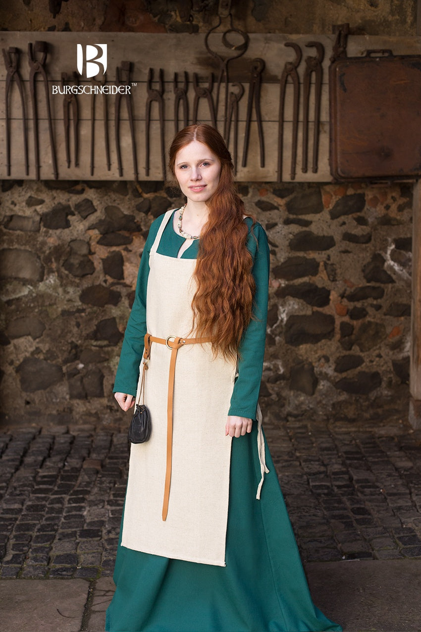 Viking Dress Gyda Hemp showcasing feminine shoulder straps and side lacing, made from coarse cotton fabric for an authentic medieval look.
