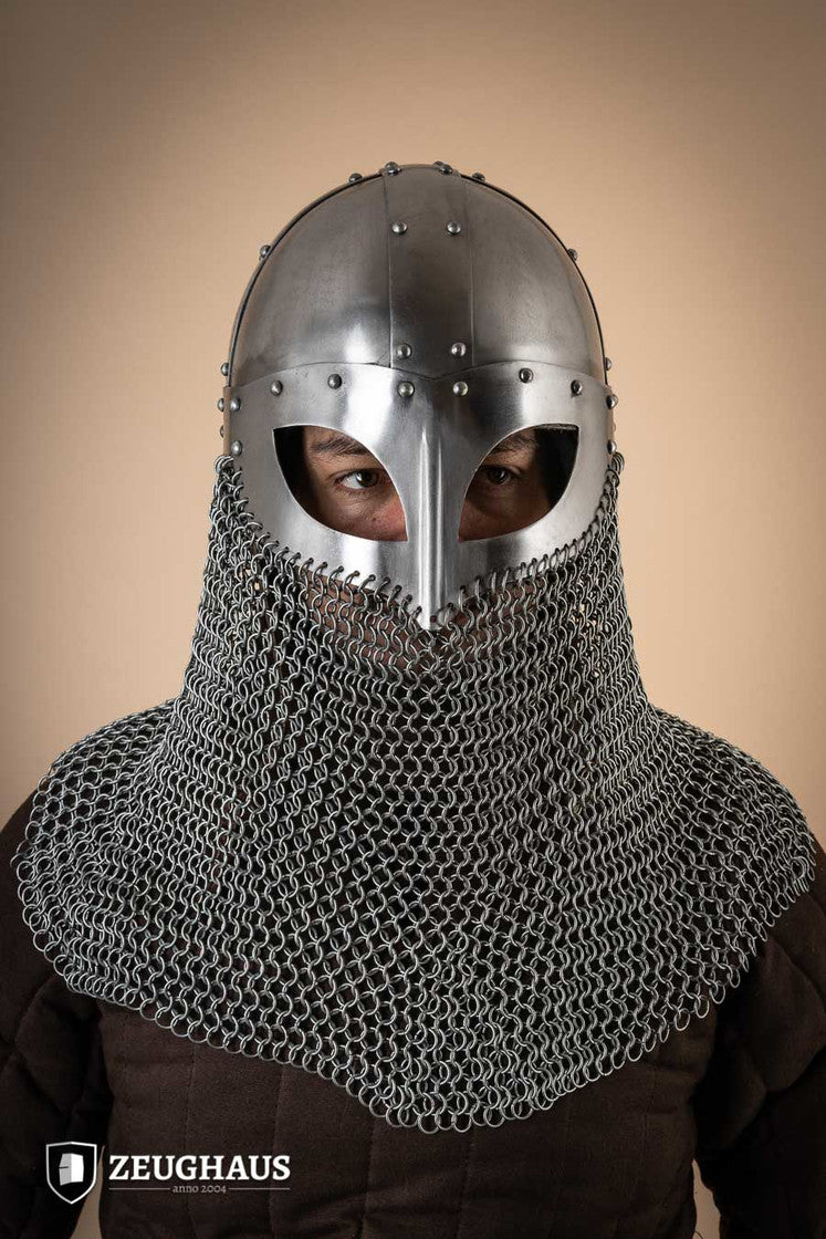 Viking helmet with aventail featuring a polished finish, adjustable leather lining, and chainmail neck protection, ideal for reenactments.