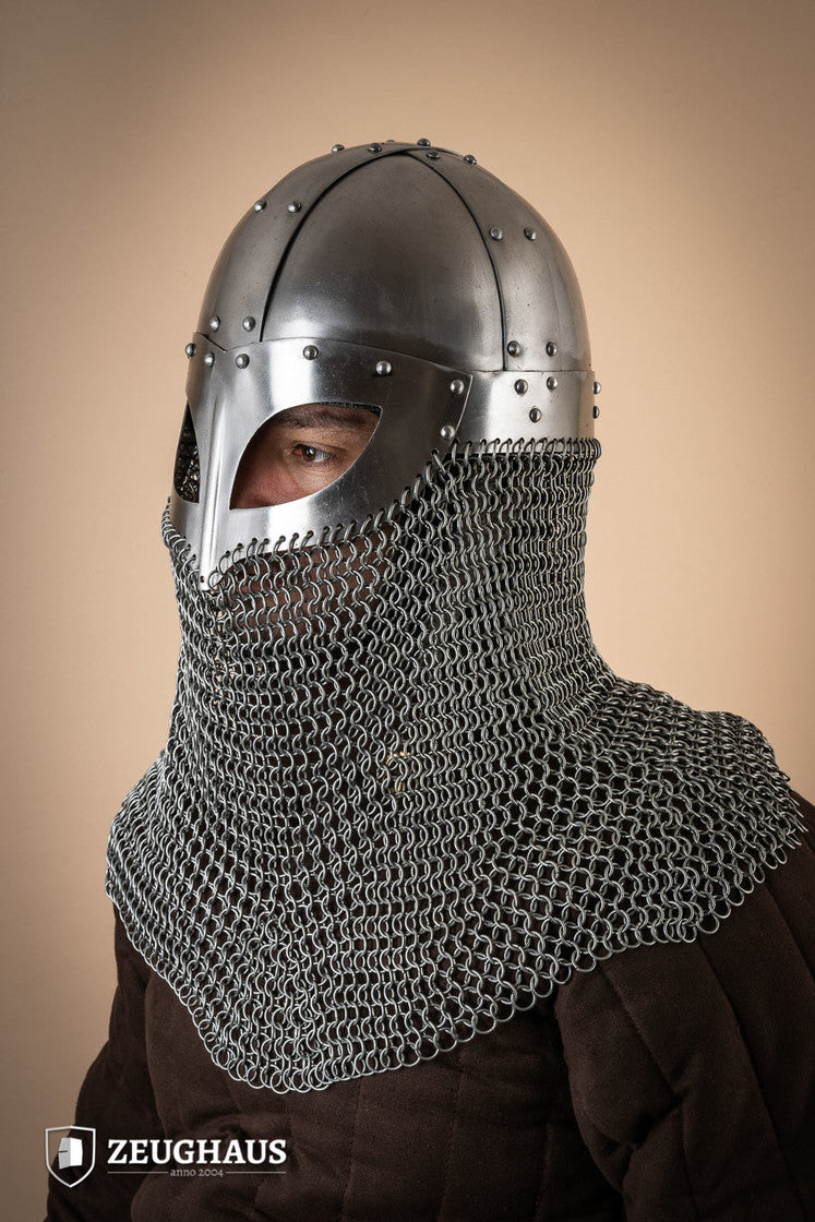 Viking helmet with aventail featuring a polished finish, adjustable leather lining, and chainmail neck protection, ideal for reenactments.