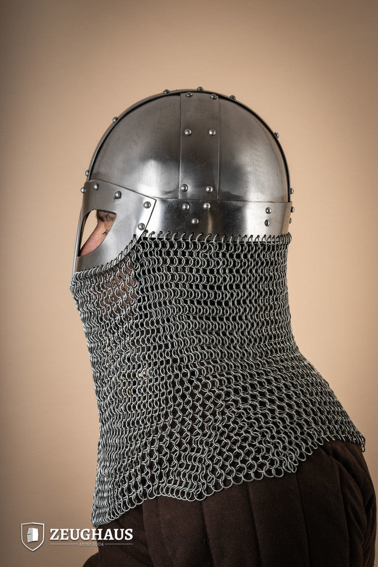 Viking helmet with aventail featuring a polished finish, adjustable leather lining, and chainmail neck protection, ideal for reenactments.