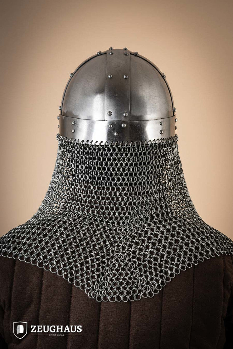 Viking helmet with aventail featuring a polished finish, adjustable leather lining, and chainmail neck protection, ideal for reenactments.