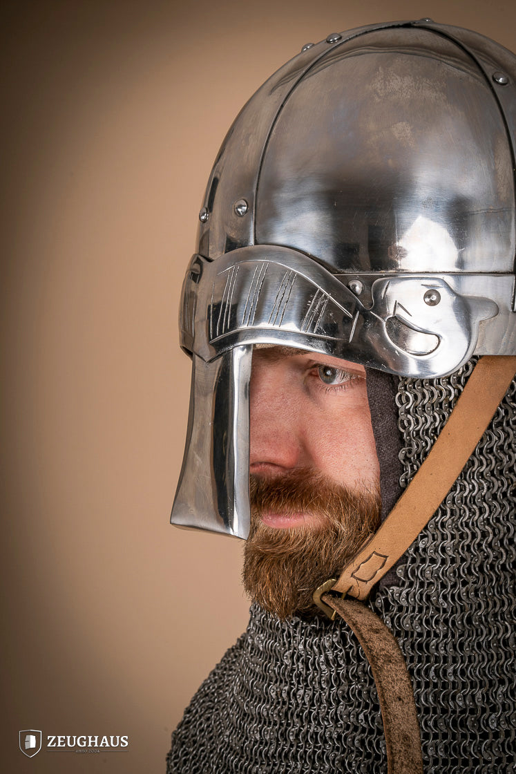 Viking Spangenhelm 2mm polished helmet with ornamental detailing and curved nose guard, ideal for reenactments.