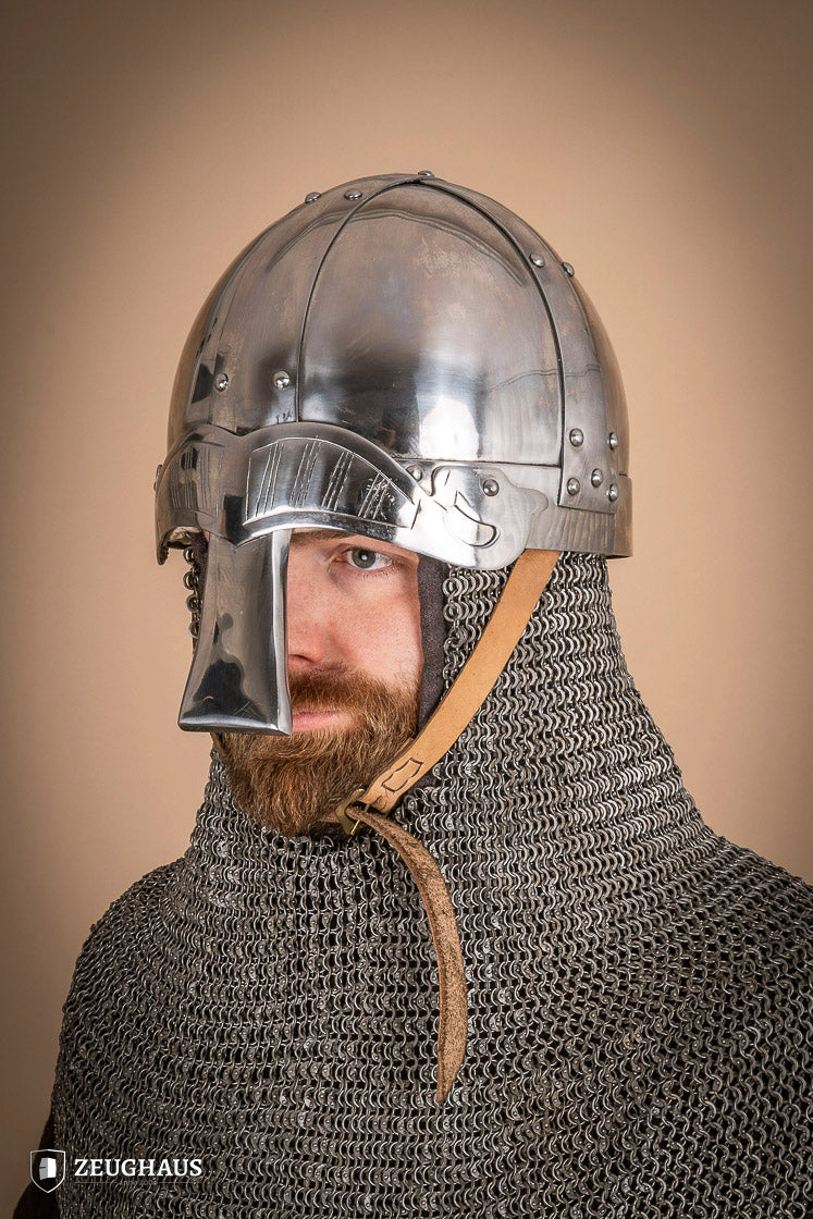 Viking Spangenhelm 2mm polished helmet with ornamental detailing and curved nose guard, ideal for reenactments.