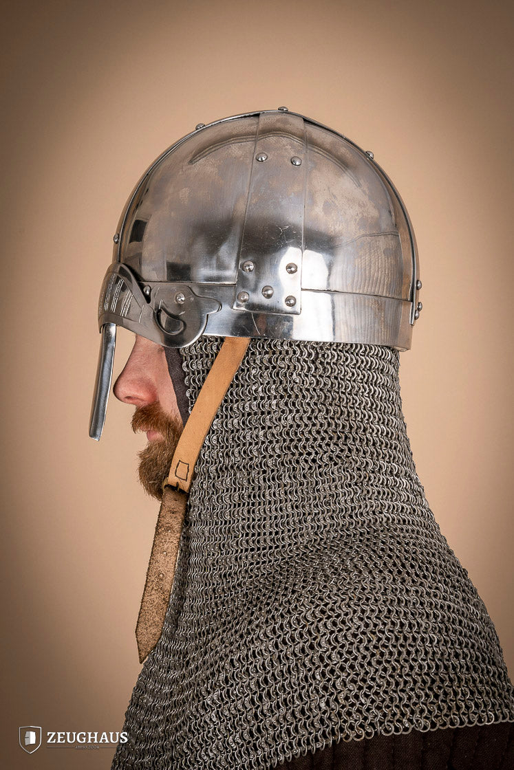 Viking Spangenhelm 2mm polished helmet with ornamental detailing and curved nose guard, ideal for reenactments.