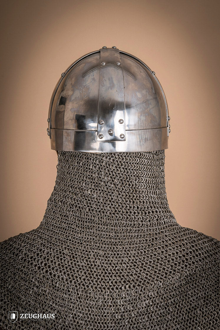 Viking Spangenhelm 2mm polished helmet with ornamental detailing and curved nose guard, ideal for reenactments.
