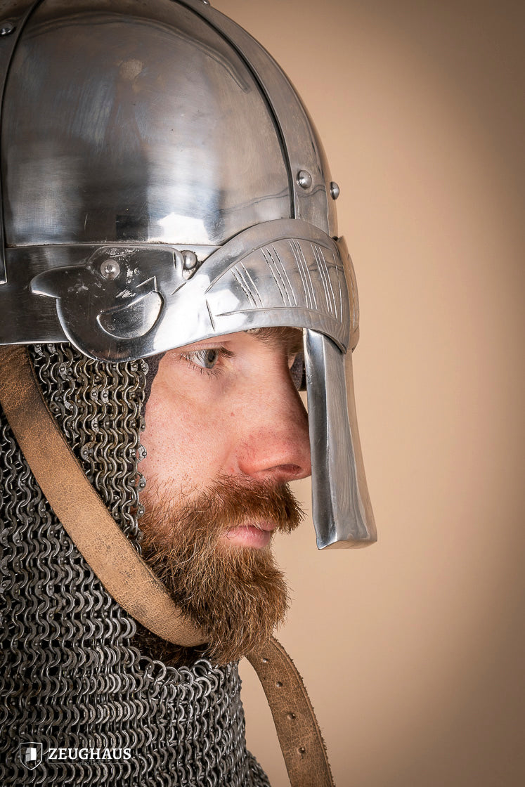 Viking Spangenhelm 2mm polished helmet with ornamental detailing and curved nose guard, ideal for reenactments.