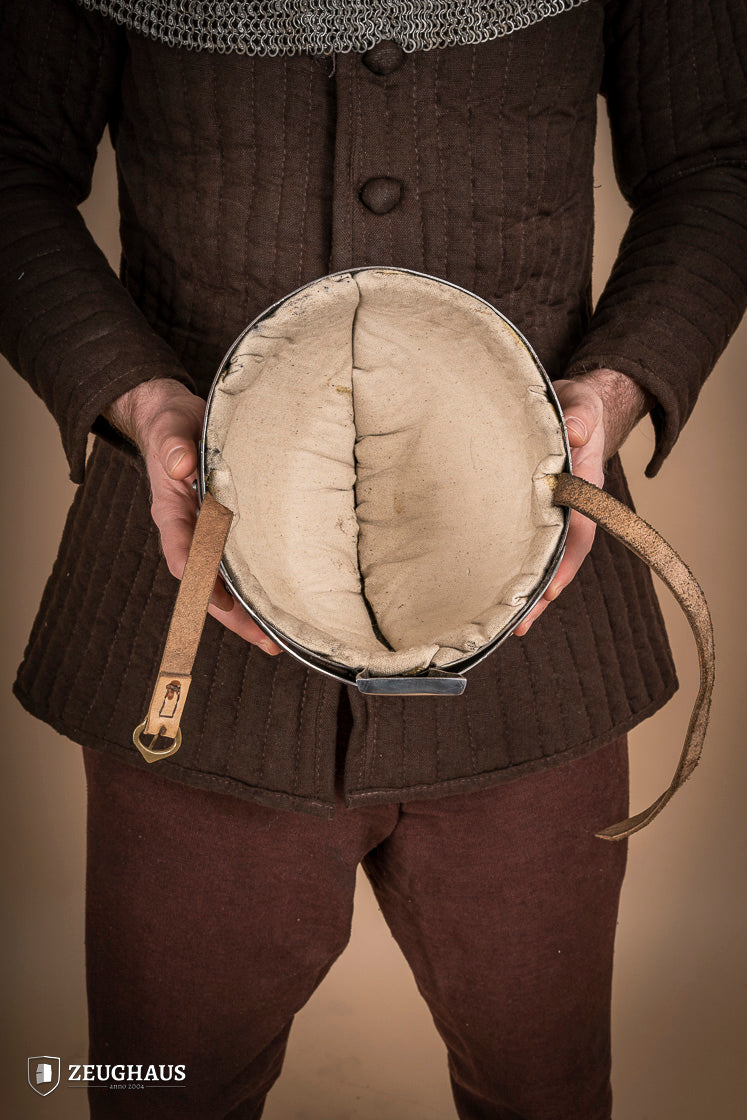 Viking Spangenhelm 2mm polished helmet with ornamental detailing and curved nose guard, ideal for reenactments.