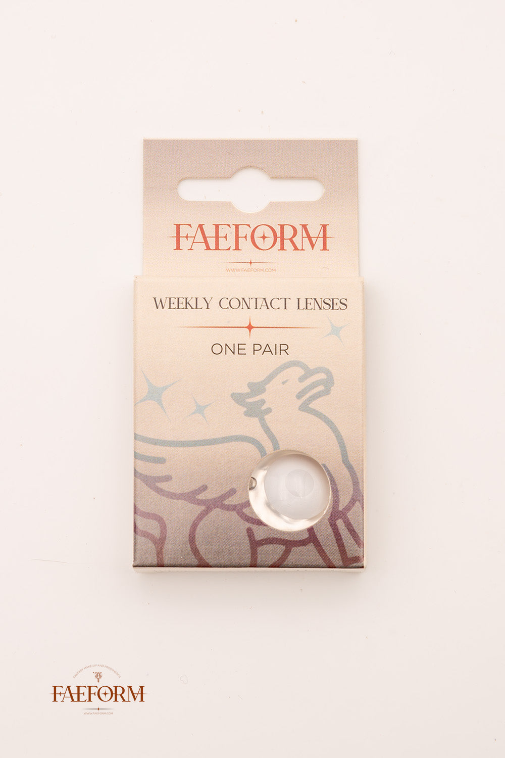 A pair of ethereal white Weekly Contact Lenses Ascension displayed in their packaging, showcasing their unique color and design.