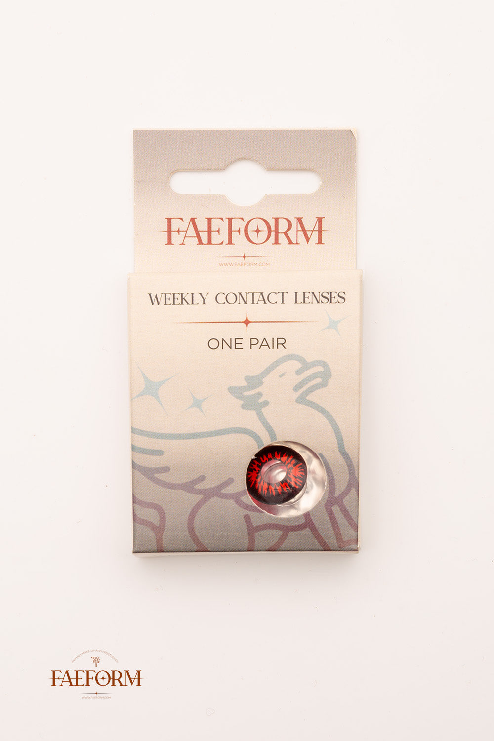 A pair of striking blood-red weekly contact lenses in their packaging, designed for dramatic character transformations.
