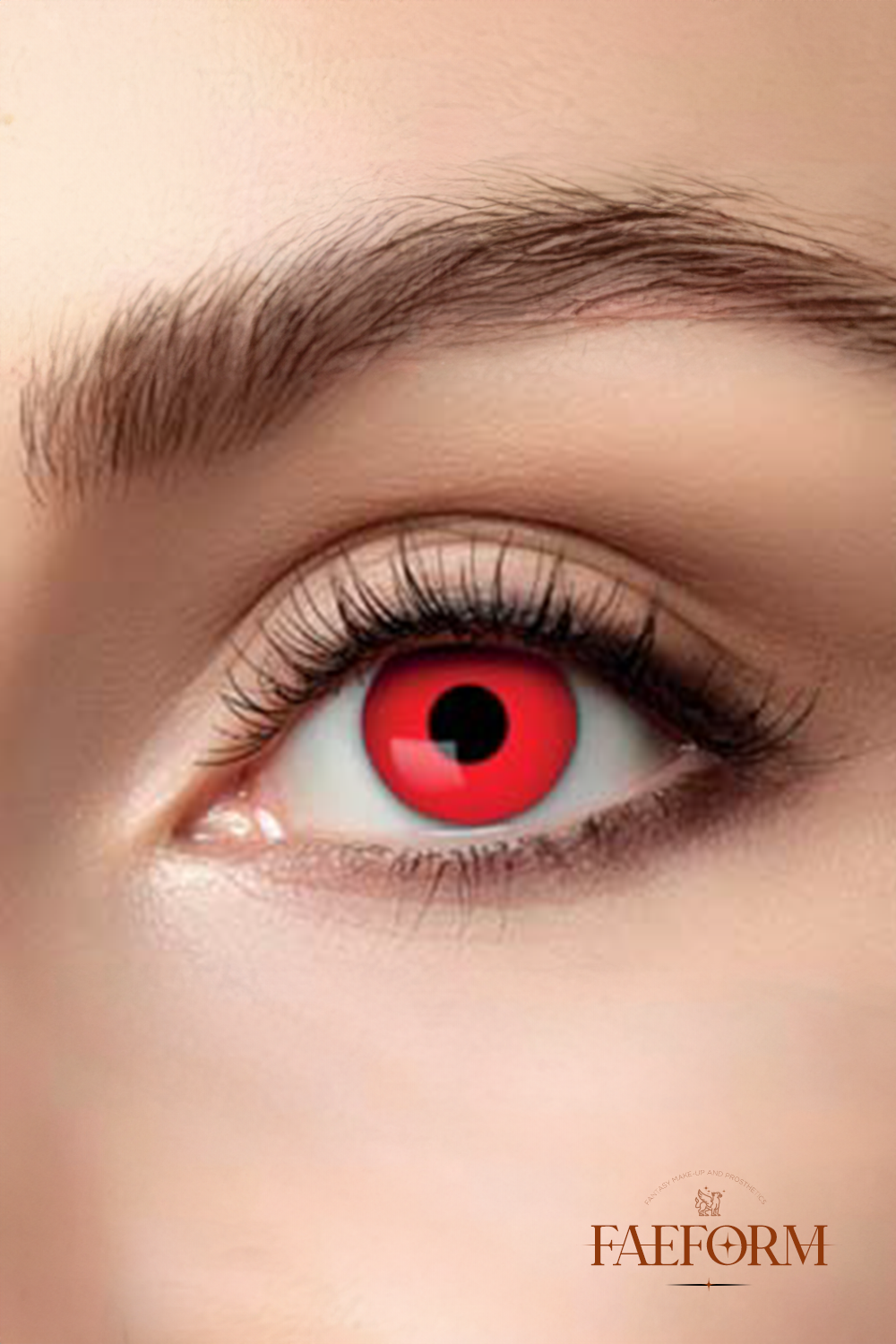 A pair of crimson rising contact lenses in liquid, showcasing their vibrant color and design for character transformation.