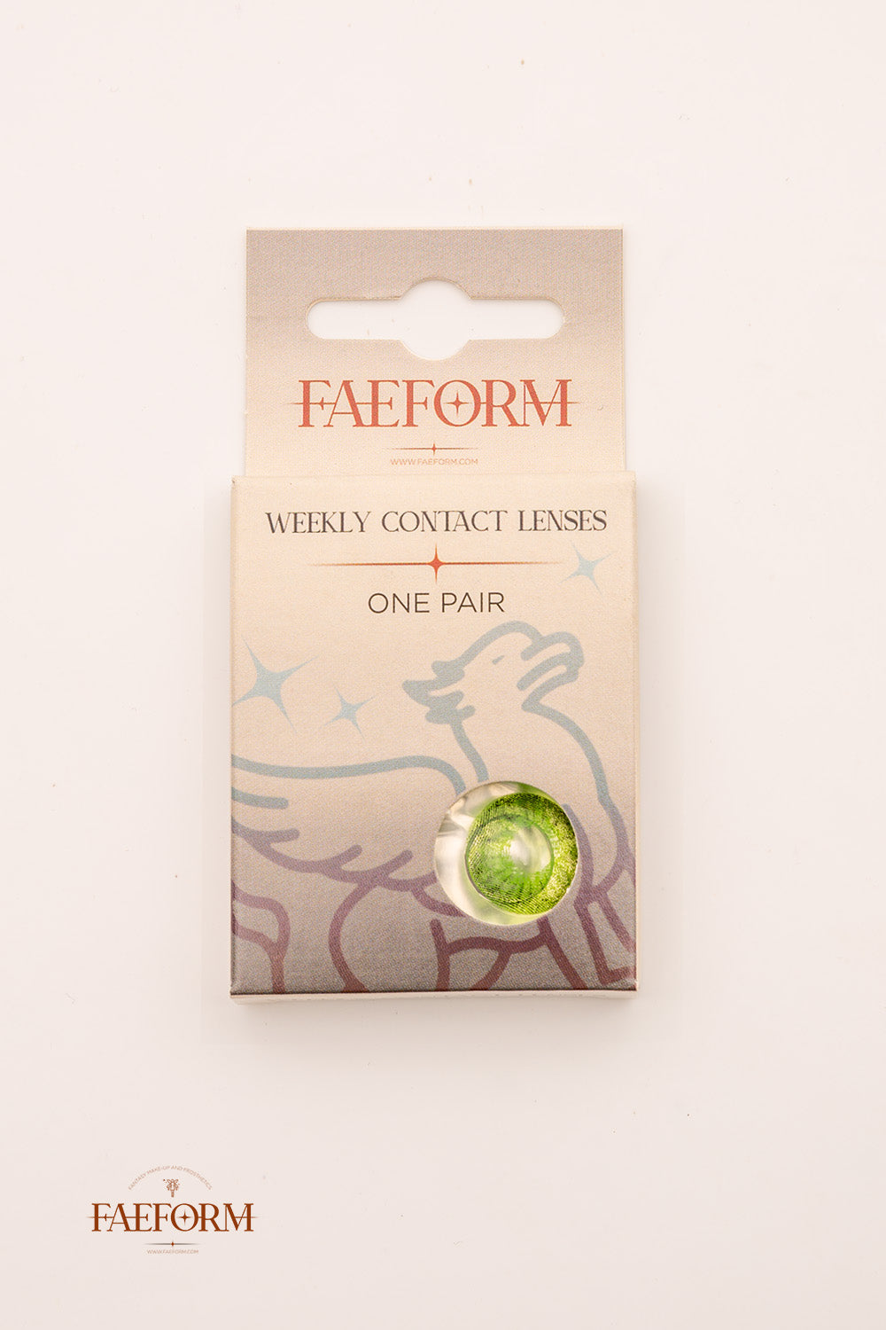 A pair of venomous green weekly contact lenses in liquid, showcasing their vibrant color and packaging.