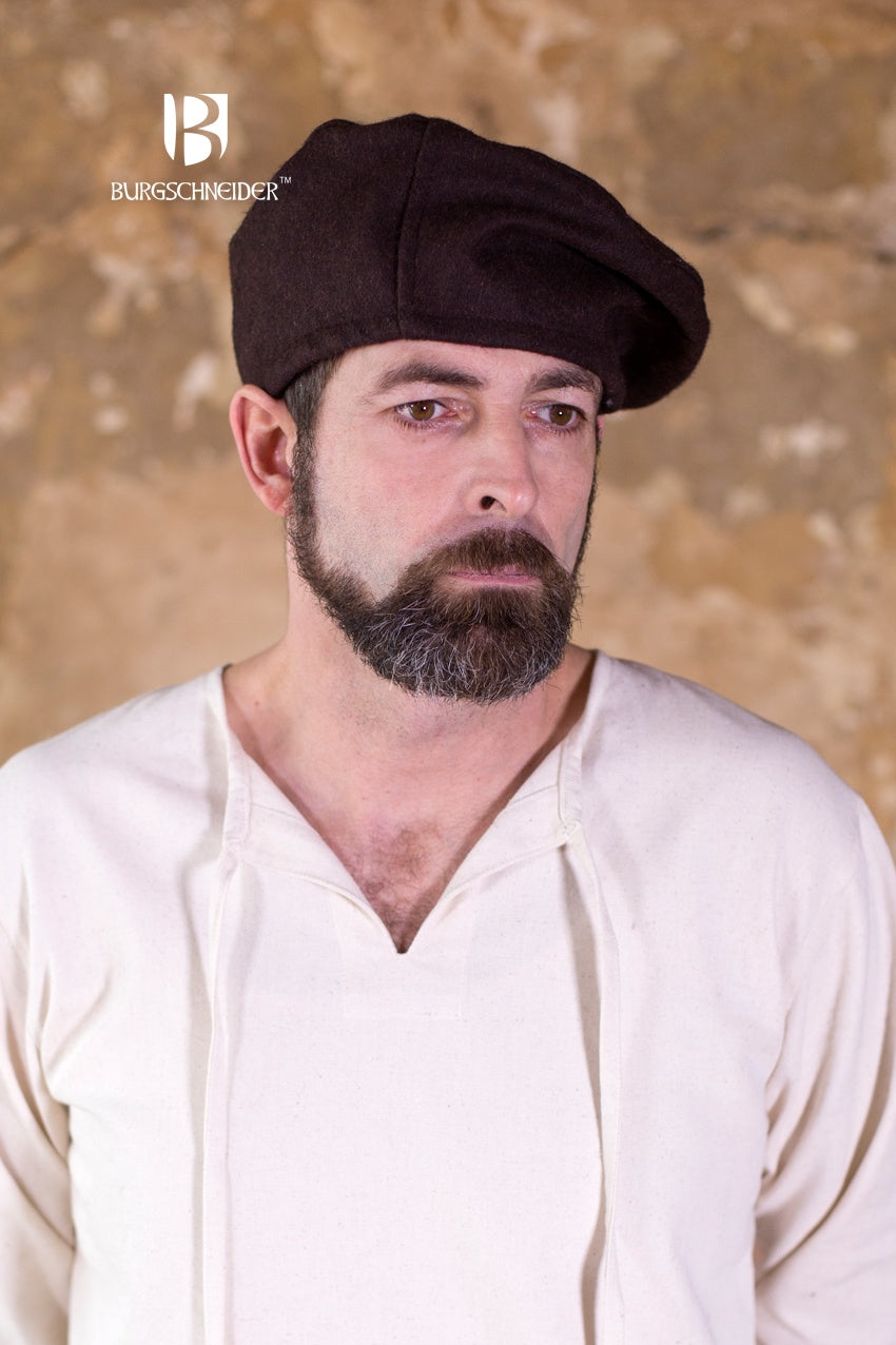 A stylish wool beret in rich brown color, showcasing its classic design and soft texture, perfect for costumes and everyday wear.