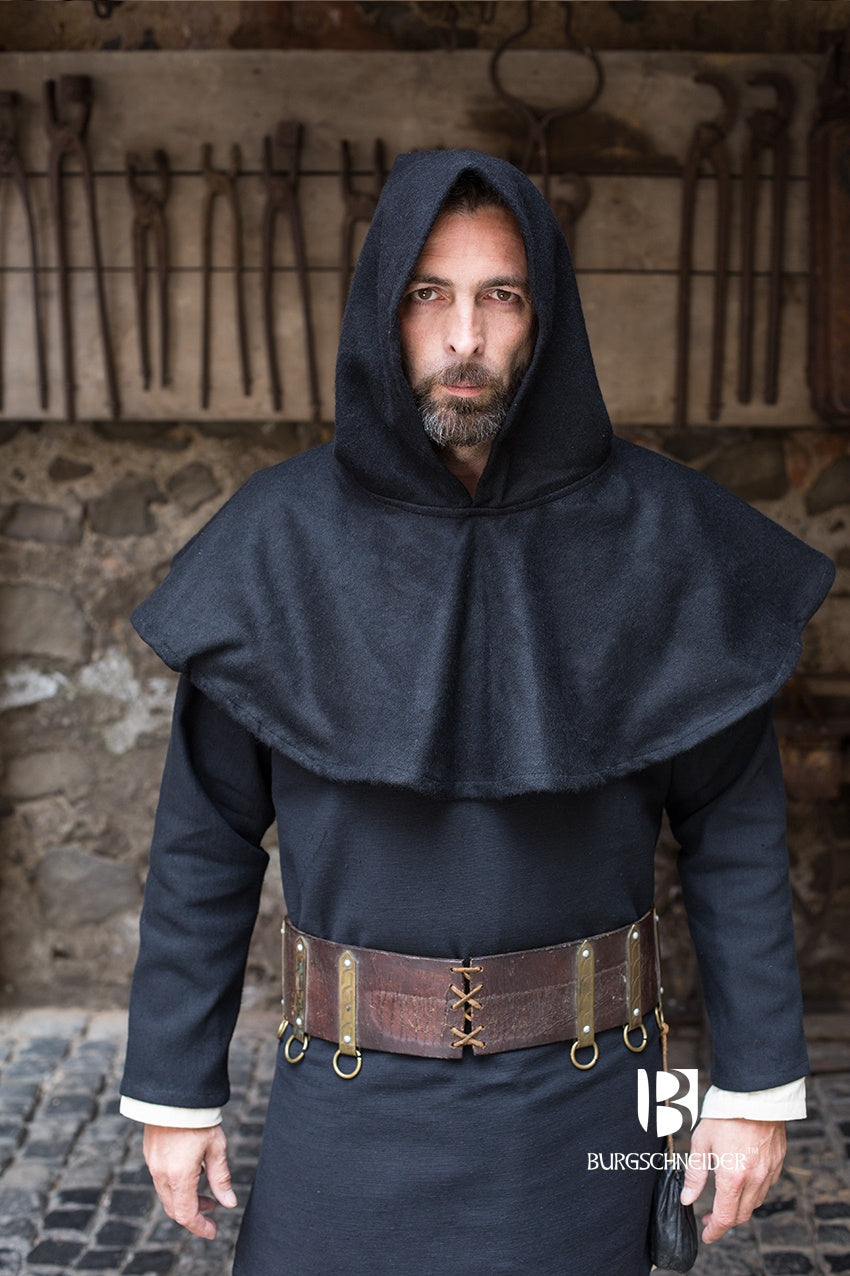 A black wool cowl cucullus, showcasing its heavy felt texture and traditional design, perfect for medieval reenactments.