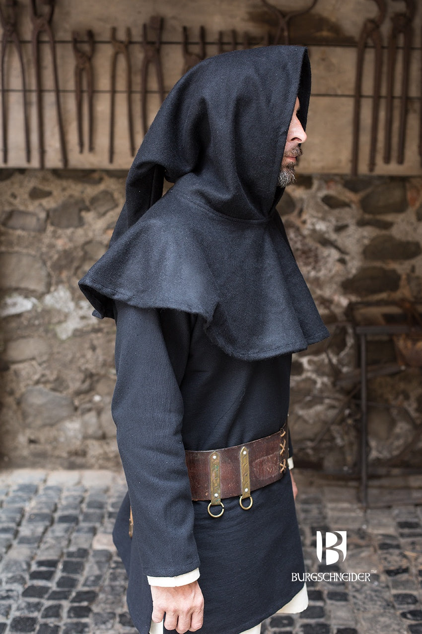 A black wool cowl cucullus, showcasing its heavy felt texture and traditional design, perfect for medieval reenactments.
