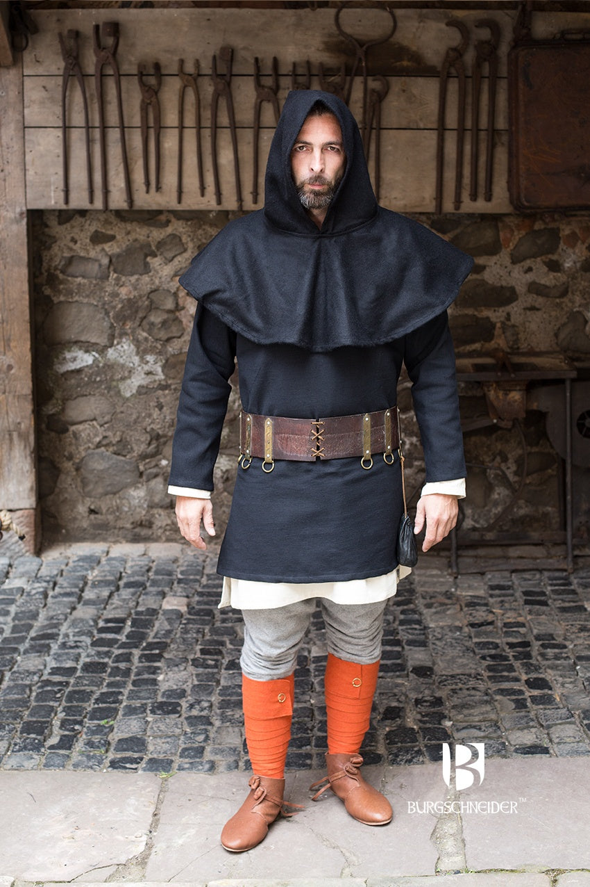 A black wool cowl cucullus, showcasing its heavy felt texture and traditional design, perfect for medieval reenactments.