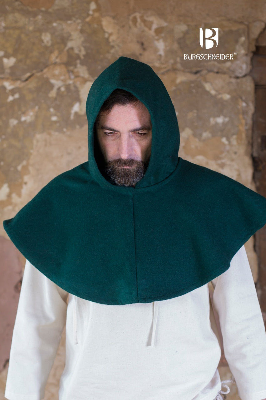 Wool Cowl Cucullus Green, a medieval-inspired garment made of heavy wool felt, showcasing its stylish design and practical features.