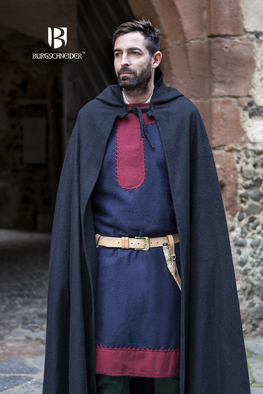 A stylish black wool hooded cloak with a pointed hood, featuring loops for brooch attachment and cloth ribbons for tying, perfect for medieval enthusiasts.