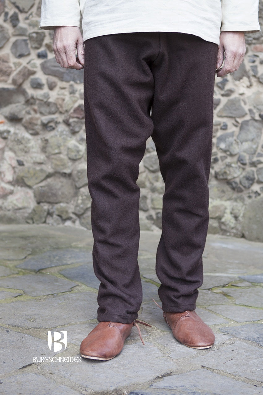 Wool Thorsberg Pants Fenris in Brown, showcasing authentic early medieval design and high-quality wool felt fabric.