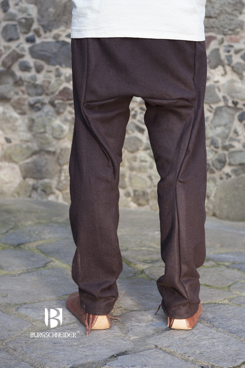 Wool Thorsberg Pants Fenris in Brown, showcasing authentic early medieval design and high-quality wool felt fabric.