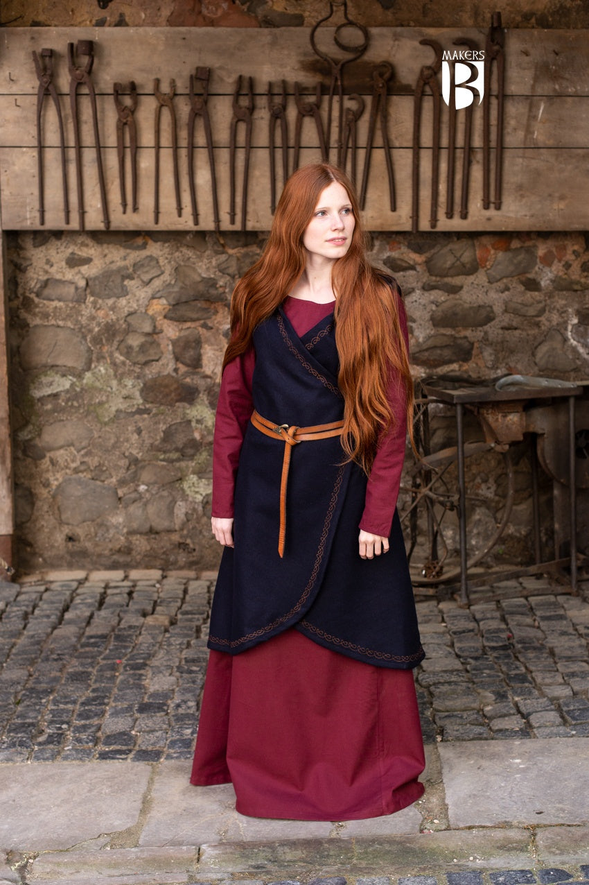 Wool Wrap Dress Myrana in Dark Blue featuring a V-neckline, long hood, and ornamental embroidery, perfect for cold weather and character representation.