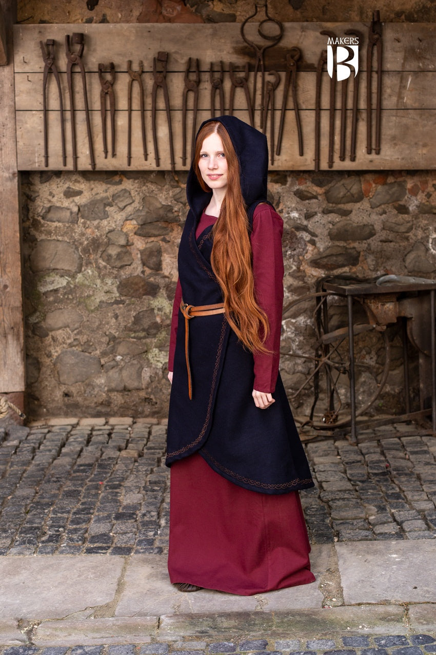 Wool Wrap Dress Myrana in Dark Blue featuring a V-neckline, long hood, and ornamental embroidery, perfect for cold weather and character representation.
