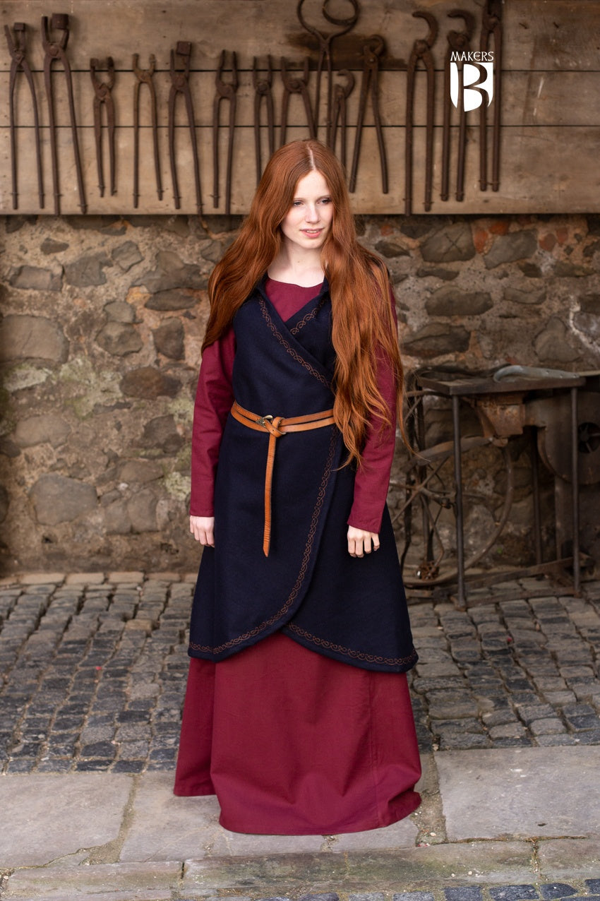 Wool Wrap Dress Myrana in Dark Blue featuring a V-neckline, long hood, and ornamental embroidery, perfect for cold weather and character representation.