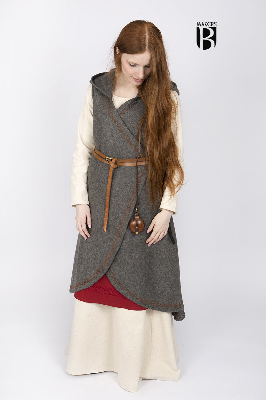 Wool Wrap Dress Myrana in Dark Grey featuring a V-neckline, long hood, and ornamental embroidery, perfect for cold weather and character representation.