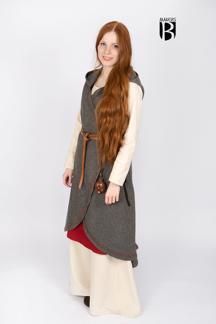 Wool Wrap Dress Myrana in Dark Grey featuring a V-neckline, long hood, and ornamental embroidery, perfect for cold weather and character representation.