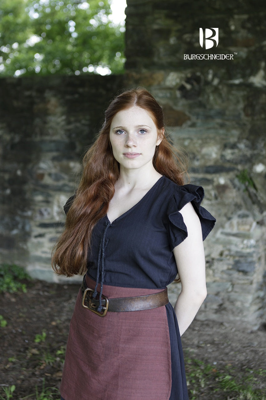 Women's Dress Agga Black featuring decorative lacing, ruffled sleeves, and ankle-length design in unkempt cotton fabric.