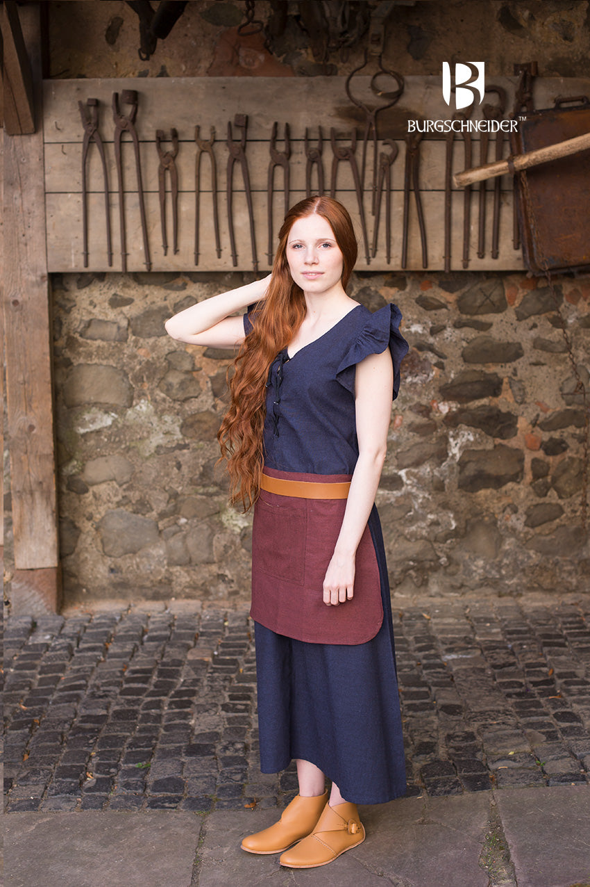 Women's Dress Agga in Blue featuring decorative lacing, ruffled sleeves, and ankle-length design, made from unkempt cotton.