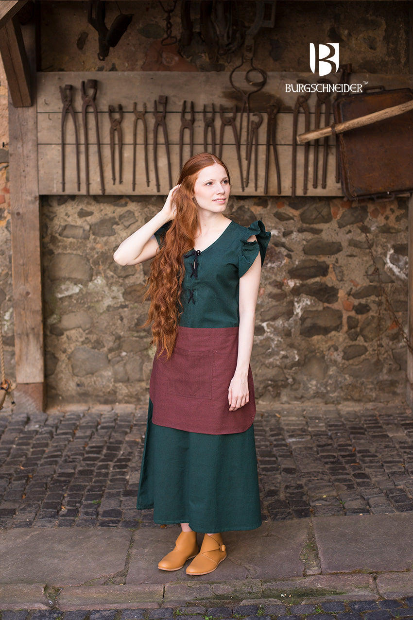 Women's Dress Agga in Green featuring decorative lacing, ruffled sleeves, and ankle-length design, made from unkempt cotton.