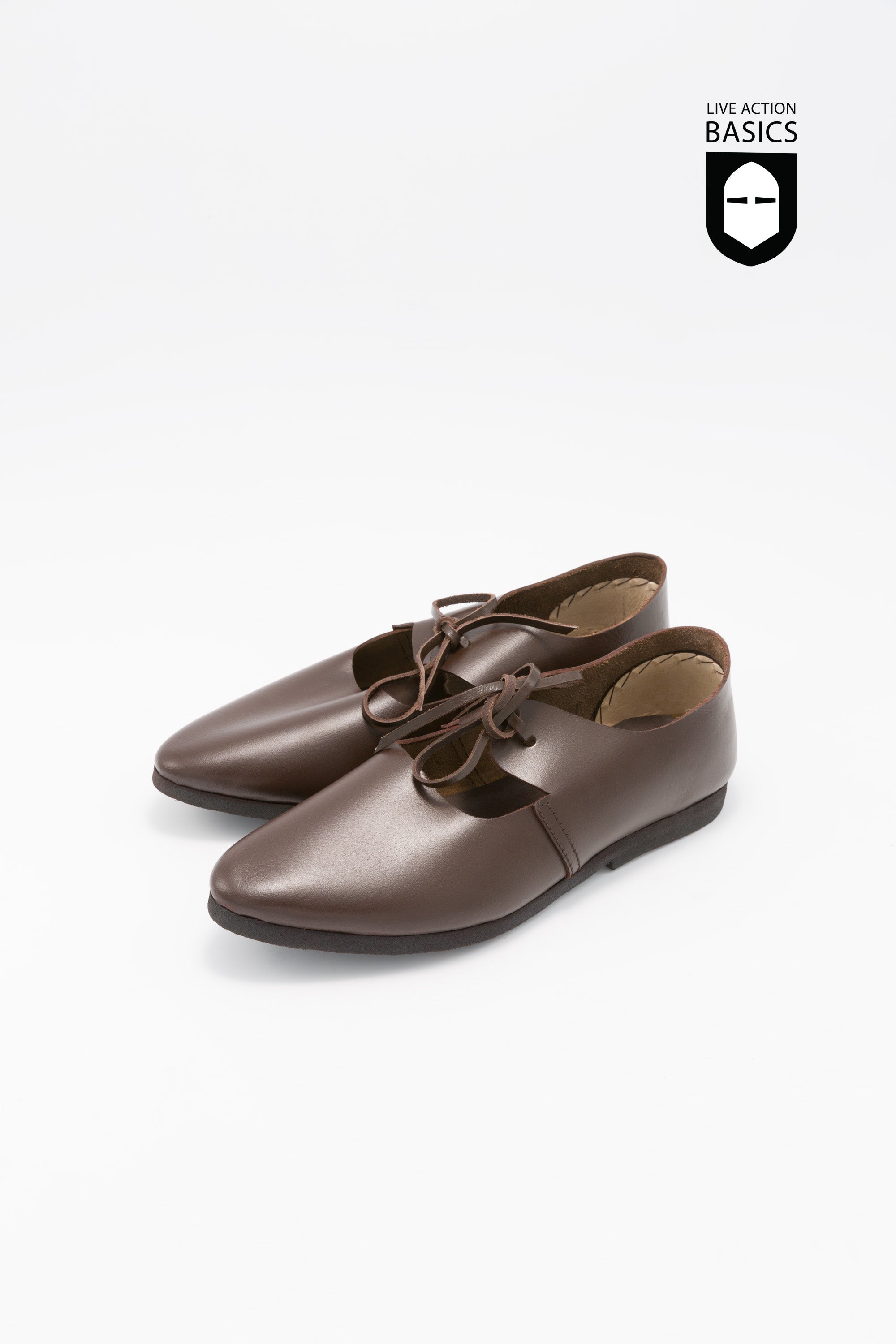Dark brown leather women's shoes with laced design, perfect for historical reenactments.
