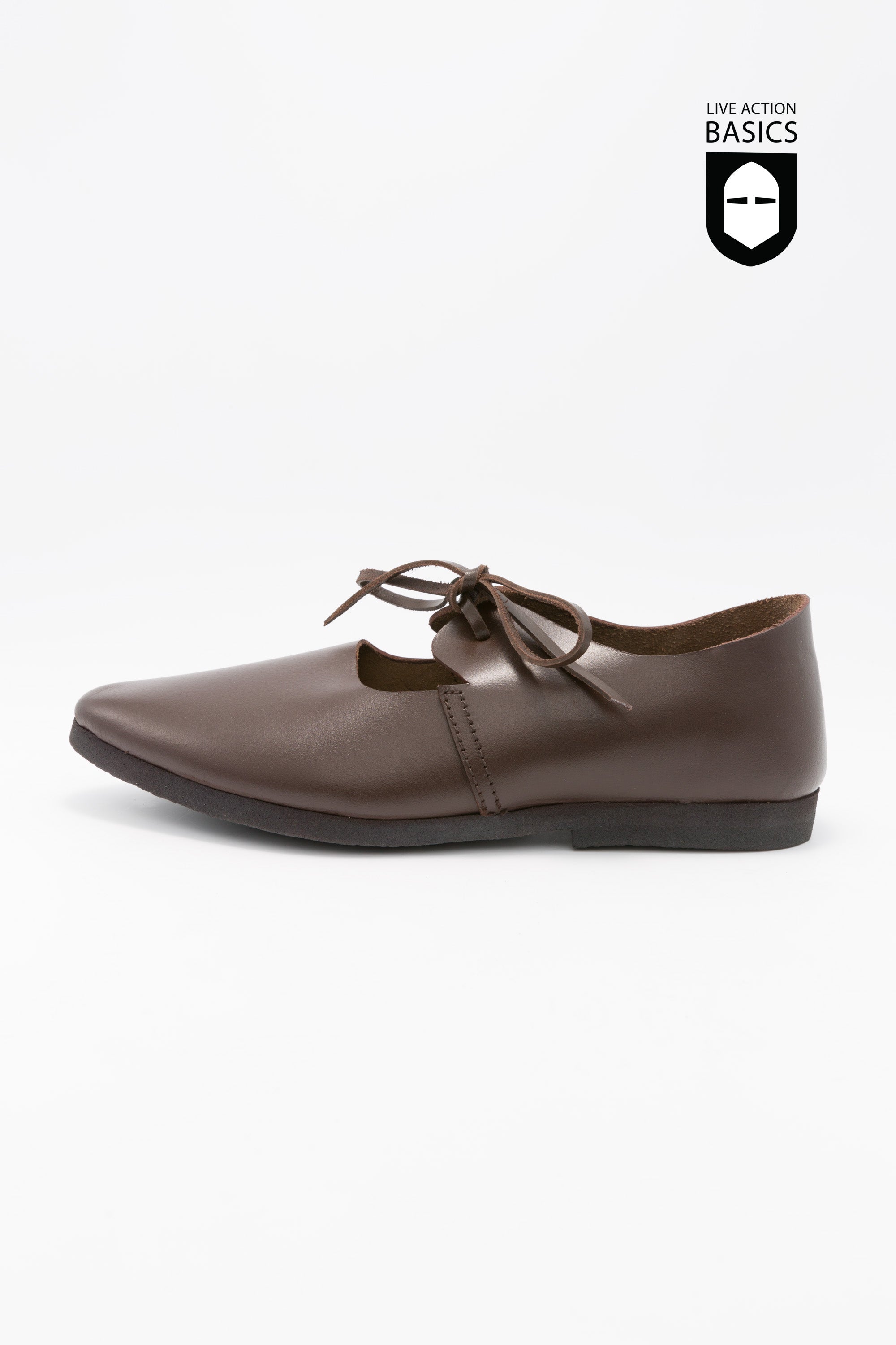 Dark brown leather women's shoes with laced design, perfect for historical reenactments.