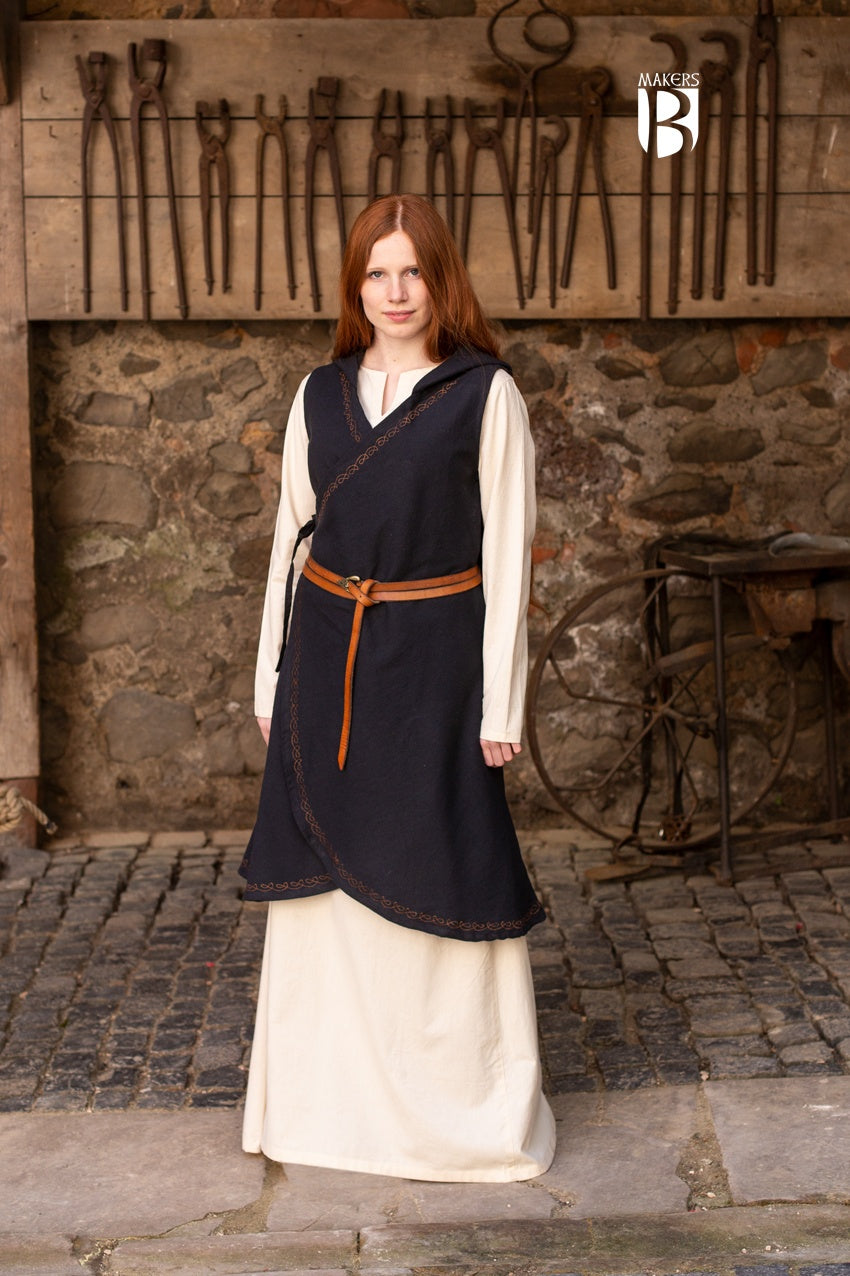 Wrap Dress Dala Black featuring ornamental embroidery, V-neckline, and flowing silhouette, perfect for fantasy characters.