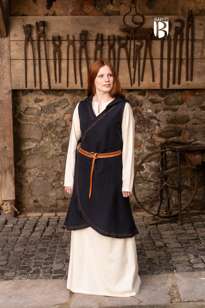 Wrap Dress Dala Black featuring ornamental embroidery, V-neckline, and flowing silhouette, perfect for fantasy characters.