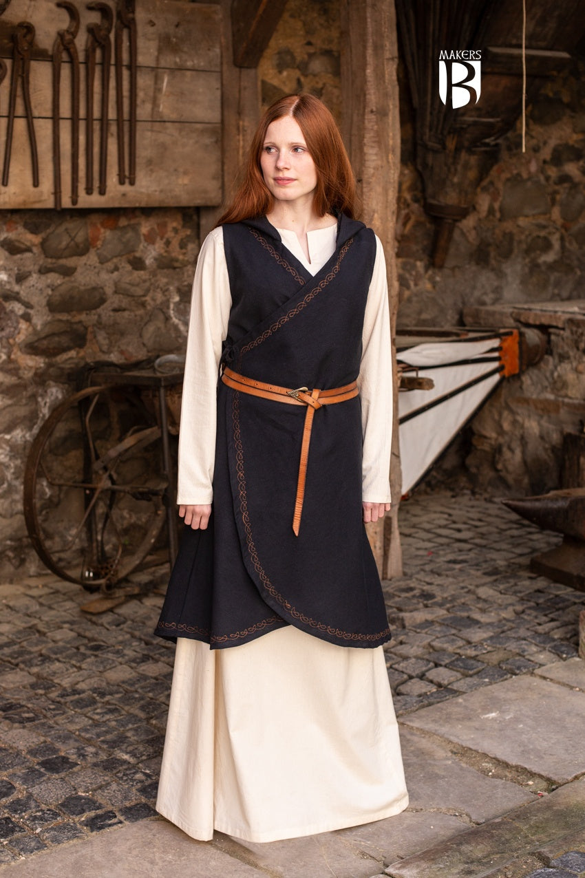 Wrap Dress Dala Black featuring ornamental embroidery, V-neckline, and flowing silhouette, perfect for fantasy characters.