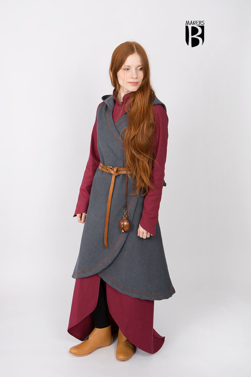 Wrap Dress Dala in Dark Grey featuring ornamental embroidery, V-neckline, and long hood, perfect for fantasy-themed outfits.