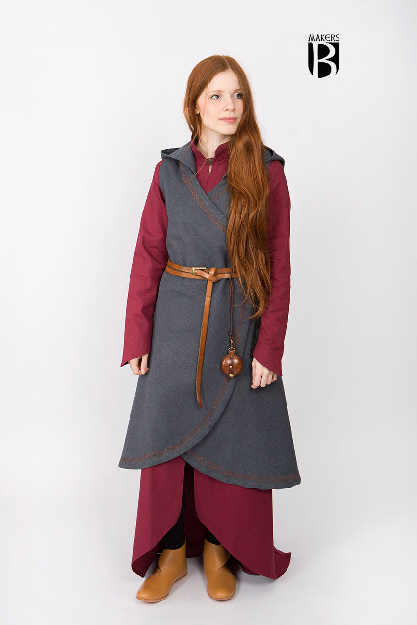 Wrap Dress Dala in Dark Grey featuring ornamental embroidery, V-neckline, and long hood, perfect for fantasy-themed outfits.