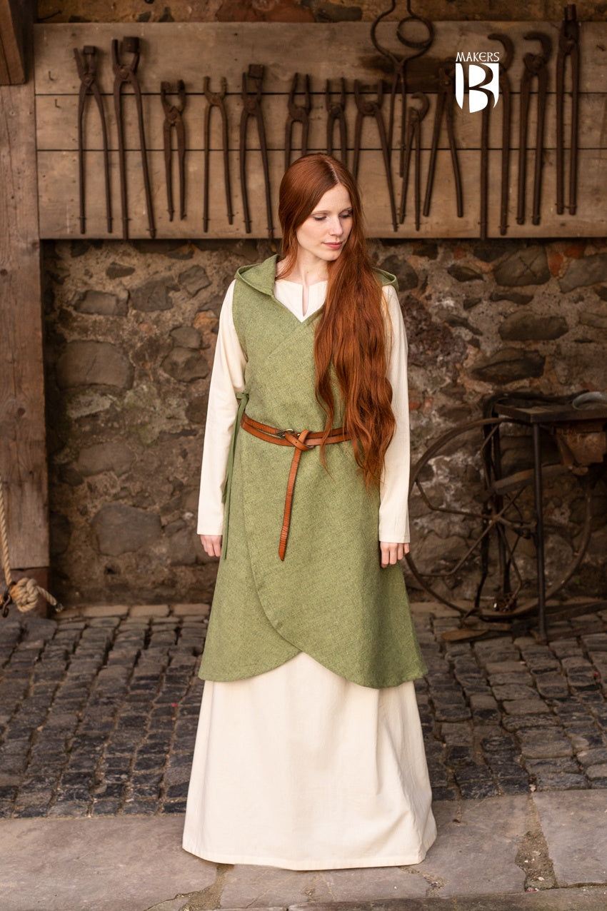 Wrap Dress Runa in Linden Green featuring a V-neckline, long hood, and flowing silhouette, perfect for fantasy-themed costumes.