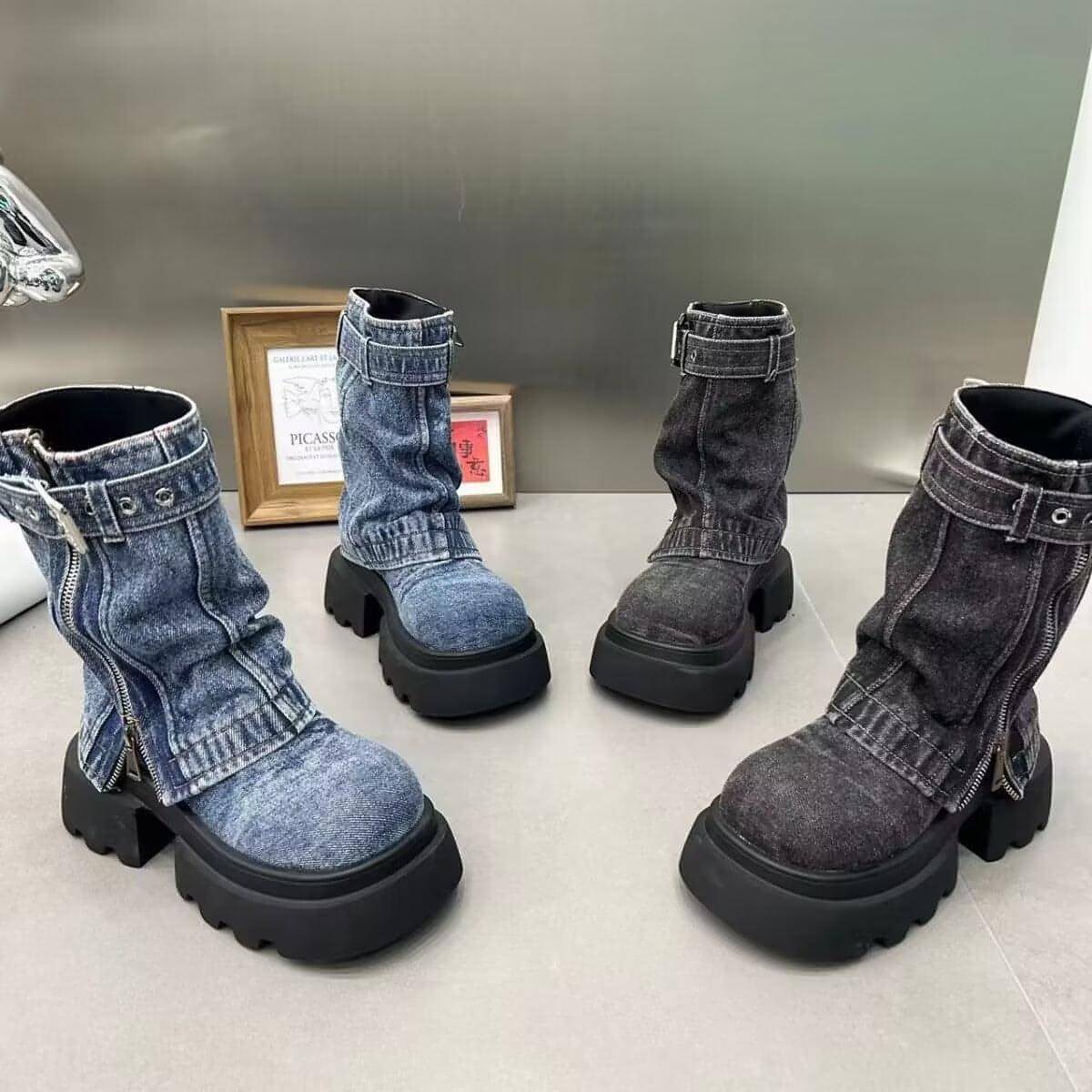 Main Boots Denim Fake Two Pieces Pile Style Boots Motorcycle Boots image