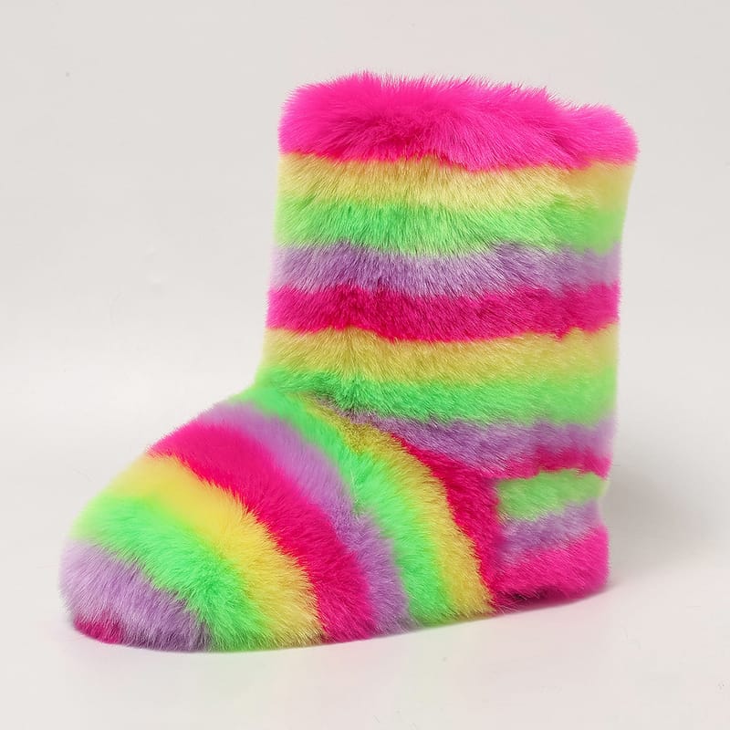 Stylish Women's Faux Fur Boots with Stripes, featuring a soft lining and rubber sole, perfect for winter fashion.