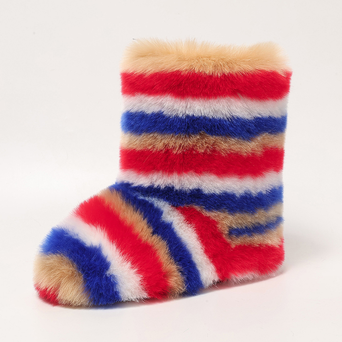 Stylish Women's Faux Fur Boots with Stripes, featuring a soft lining and rubber sole, perfect for winter fashion.