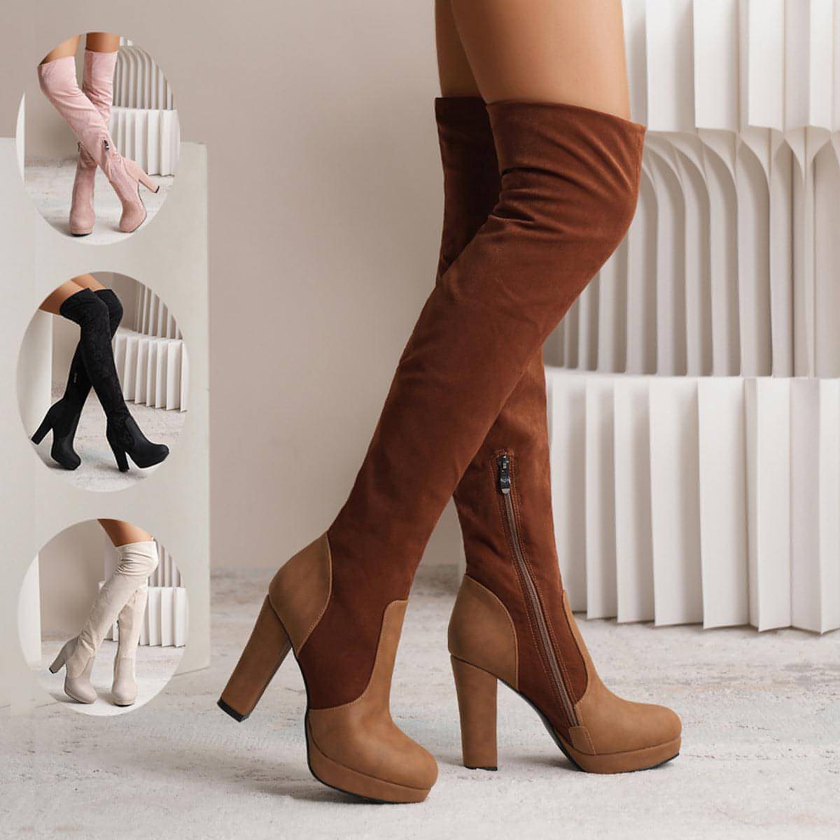 Main New Long Boots For Women Elastic Suede High Square Heel Over-the-knee image
