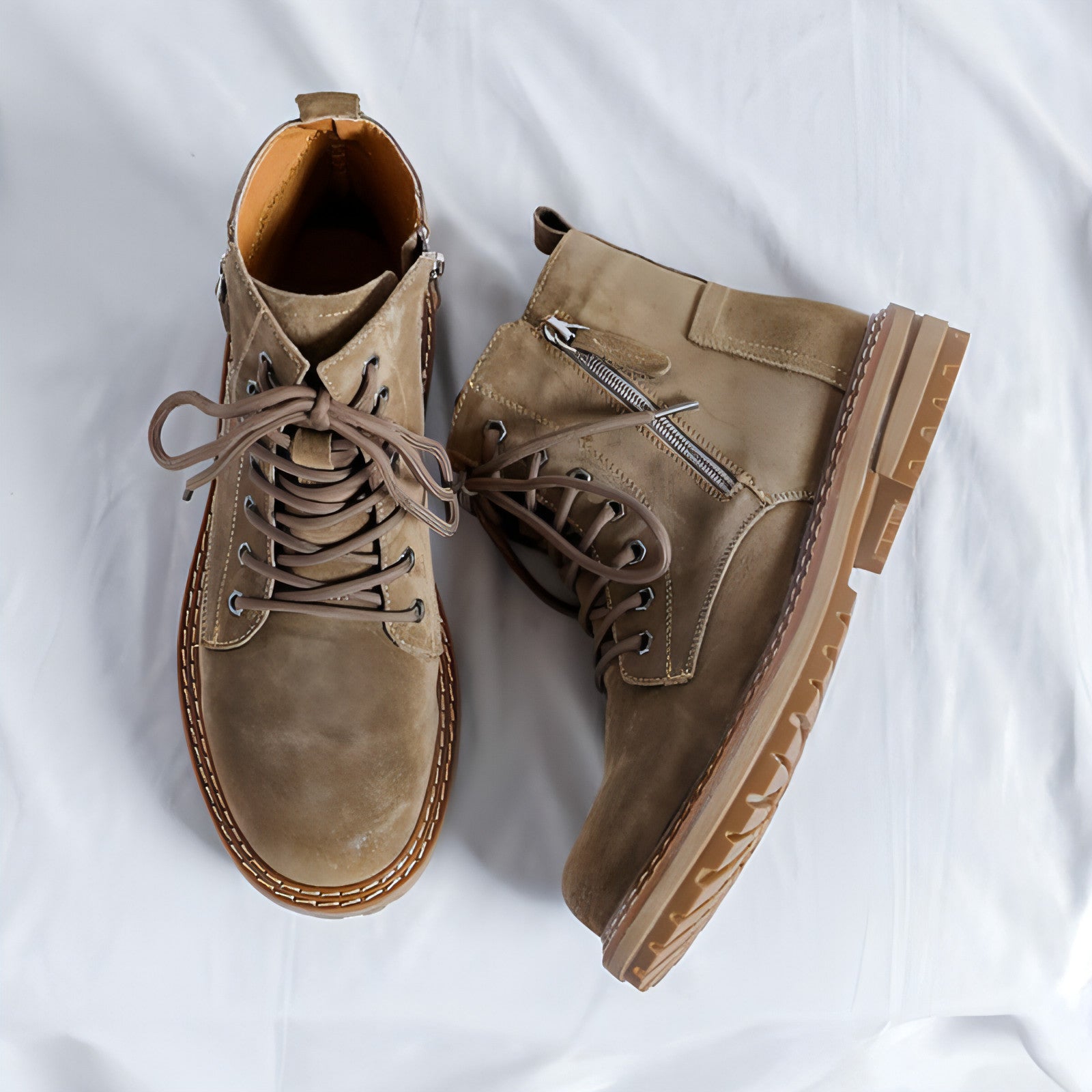 Stylish Side Zipper Seven-hole Ankle Boots featuring a unique lace-up design and side zipper closure, perfect for high street fashion.