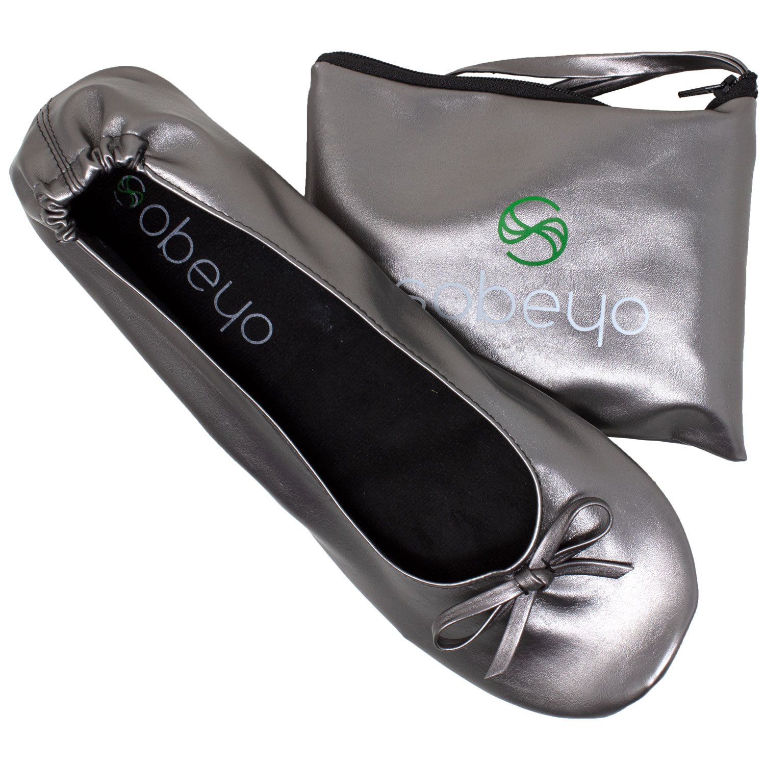 A pair of gray foldable ballet flats for women, showcasing a soft inner lining, elastic trim, and non-slip rubber sole, ideal for travel and everyday wear.