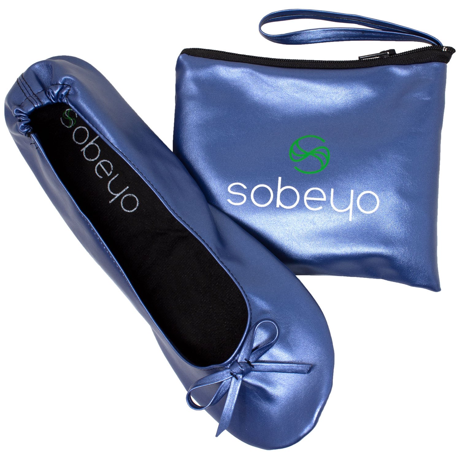 A pair of navy foldable ballet flats for women, showcasing a soft inner lining, elastic trim, and non-slip rubber sole, ideal for travel and comfort.